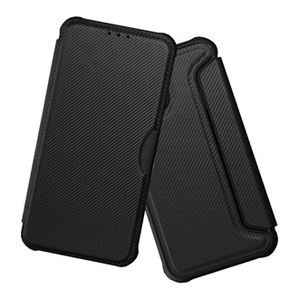Samsung A54 5G Gigapack tok álló, bőr hatású FLIP, karbon minta, FEKETE