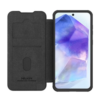 Samsung A56 5G NILLKIN QIN PRO tok álló, bőr hatású FLIP, kameravédő, FEKETE