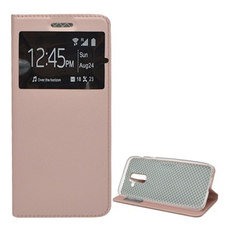 Samsung A6+ (2018) Gigapack Tok álló, bőr hatású FLIP, ablakos, ROZÉARANY