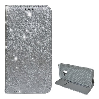 Samsung A8 Plus (2018) Gigapack Tok álló, bőr hatású FLIP, fémes, EZÜST