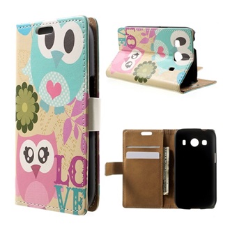 Samsung Ace 4 LTE Gigapack tok álló, bőr hatású FLIP, színes bagoly, BÉZS