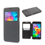 Samsung Grand Prime 2015 MERCURY Wow tok álló, bőr hatású FLIP, textil minta, SZÜRKE