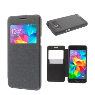 Samsung Grand Prime 2015 MERCURY Wow tok álló, bőr hatású FLIP, textil minta, SZÜRKE