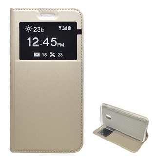 Samsung J3 (2017) Gigapack Tok álló, bőr hatású FLIP, ablakos, ARANY