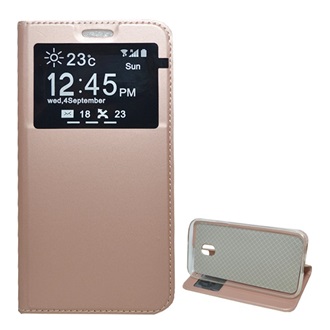 Samsung J3 (2017) Gigapack Tok álló, bőr hatású FLIP, ablakos, RÓZSASZÍN