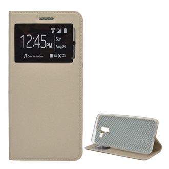 Samsung J6 (2018) Gigapack Tok álló, bőr hatású FLIP, ablakos, ARANY