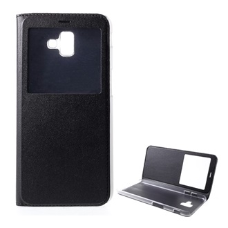 Samsung J6 Plus Gigapack tok álló, bőr hatású FLIP, ablakos, FEKETE