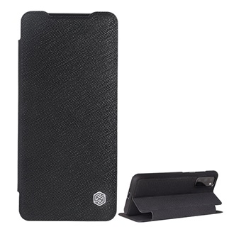 Samsung S20 5G NILLKIN MING tok álló, bőr hatású FLIP, textil minta, FEKETE