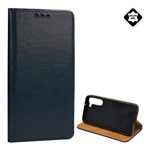 Samsung S23 Plus Gigapack tok álló, valódi bőr FLIP, asztali tartó, SÖTÉTKÉK