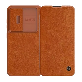 Samsung S23 Plus NILLKIN QIN PRO tok álló, finom bőr hatású FLIP, kameravédő, BARNA