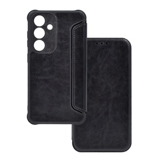 Samsung S25 GIGAPACK Tok álló, bőr hatású FLIP, kameravédő, FEKETE