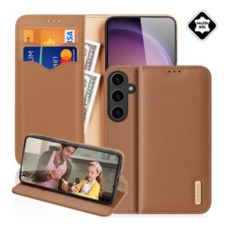 Samsung S25 Plus DUX DUCIS HIVO tok álló, valódi bőr FLIP, RFID, BARNA