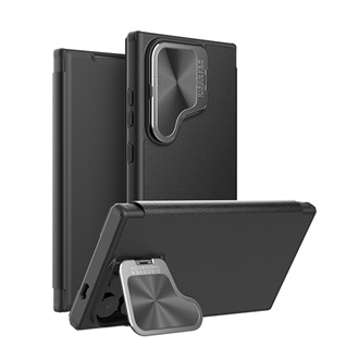 Samsung S25 Ultra NILLKIN QIN PRO tok álló, bőr hatású FLIP, kameravédő, FEKETE
