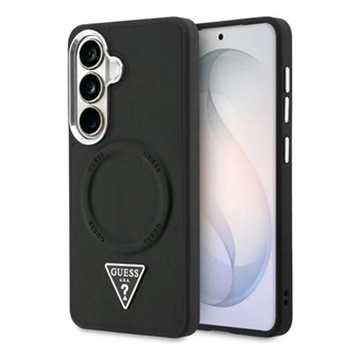 Samsung S26 GUESS EMBOSSED RING TRIANGLE LOGO szilikon telefonvédő ütésállóság, bőr hatású hátlap, FEKETE