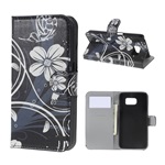 Samsung S6 Gigapack tok álló, bőr hatású FLIP, fehér virág, FEKETE