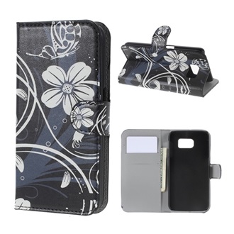 Samsung S6 Gigapack tok álló, bőr hatású FLIP, fehér virág, FEKETE