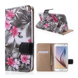 Samsung S6 Gigapack tok álló, bőr hatású FLIP, rózsaszín virág, SZÜRKE