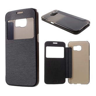 Samsung S6 Gigapack tok álló, bőr hatású FLIP, szálcsiszolt mintázat, FEKETE