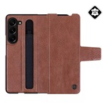 Samsung Z Fold5 5G NILLKIN AOGE műanyag telefonvédő valódi bőr hátlap, ceruza tartó, BARNA