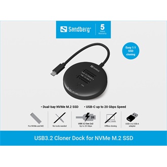 Sandberg 136-72 M.2 2280 PCIe NVMe USB-A 3.2 Gen2×1 USB-C 3.2 Gen2×2 dokkoló fekete