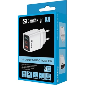 Sandberg 2in1 Charger 17W univerzális hálózati töltő adapter fehér-fekete (PD: 35W)