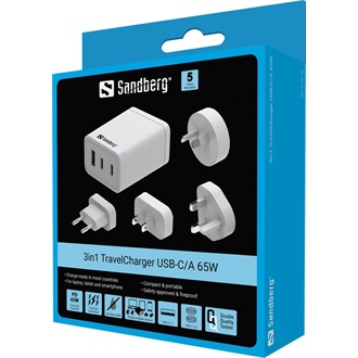Sandberg 3-in-1 Travel Charger 65W univerzális hálózati töltő adapter fehér