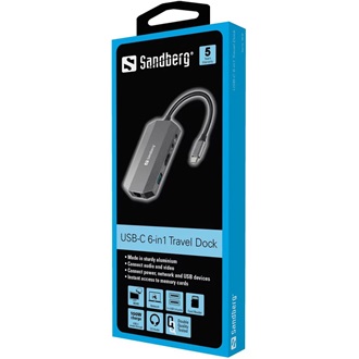 Sandberg 6-in-1 Travel Dock 6-port USB-C dokkoló szürke