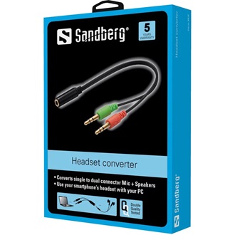 Sandberg Jack stereo 3,5mm (4pin) -> 2db Jack stereo 3,5mm M/F adapter 0.15m fekete