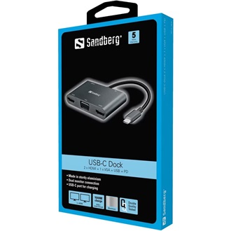 Sandberg Multi-monitor Dock 5-port 100W USB-C dokkoló szürke