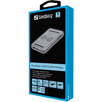 Sandberg PD20W+Wireless 10000mAh LiPo powerbank szürke (Qi, QC3.0)