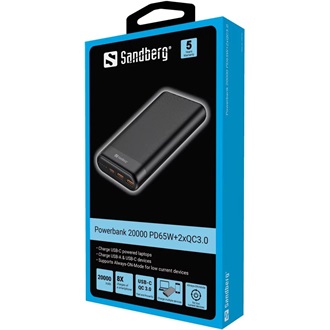 Sandberg PD65W+2xQC3.0 20000mAh Li-ion powerbank fekete