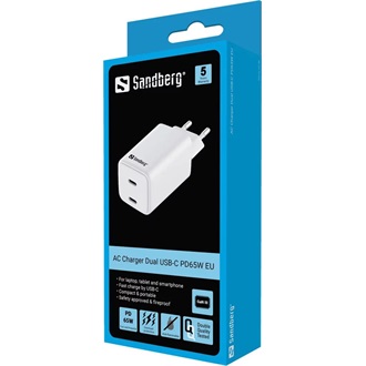 Sandberg PD65W Dual 65W univerzális hálózati töltő adapter fehér (GaN III)