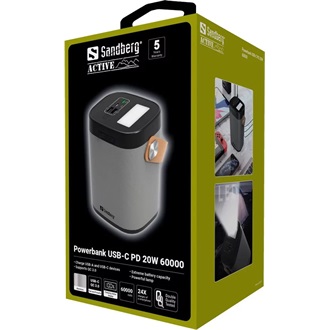 Sandberg PD 20W 60000 Aluminium 60000mAh LiPo powerbank szürke-fekete (SCP, VOOC, QC3.0)