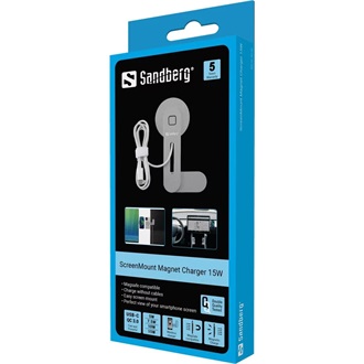 Sandberg ScreenMount Magnet Charger 15W univerzális vezeték nélküli töltő adapter / autós tartó szürke-fehér (Qi, QC3.0)