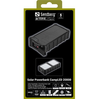 Sandberg Solar CampLED 20000mAh ütésálló vízálló napelemes powerbank fekete IP65
