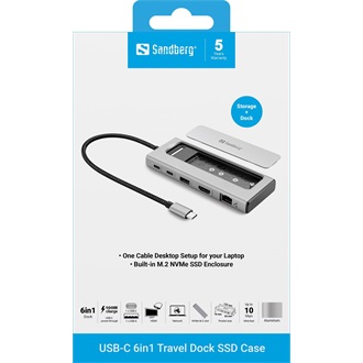 Sandberg Travel Dock 6-port M.2 NVMe 100W USB-C dokkoló ezüst