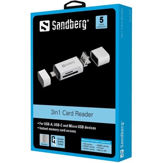 Sandberg USB2.0 / Micro-USB2.0 / USB-C SD, microSD kártyaolvasó fehér (aluminium)