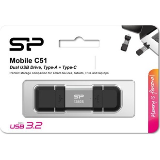 Silicon Power 128GB Mobile C51 ütésálló USB-A 3.2 Gen 1 / USB-C pendrive BOX ezüst-fekete