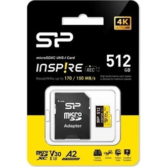 Silicon Power 512GB Inspire (+adapter) UHS-1 Class10 U3 V30 A2 vízálló ütésálló microSDXC memóriakártya BOX fekete-sárga
