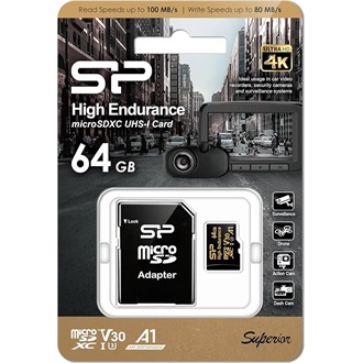 Silicon Power 64GB Golden Series High Endurance UHS-1 Class10 U3 V30 A1 vízálló ütésálló microSDXC memóriakártya BOX fek