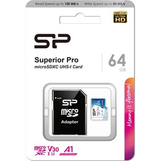 Silicon Power 64GB Superior Pro (+adapter) UHS-1 Class10 U3 V30 A1 microSDXC memóriakártya BOX fehér