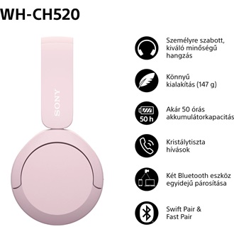 Sony WH-CH520 Bluetooth rózsaszín fejhallgató