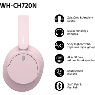 Sony WHCH720NP Bluetooth zajszűrős rózsaszín fejhallgató