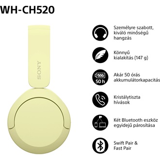 Sony WH-CH520 Bluetooth sárga fejhallgató