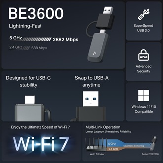 TP-Link Archer TBE230U BE3600 3,6Gb/s USB-A / USB-C Dual-Band Wi-Fi hálózati adapter