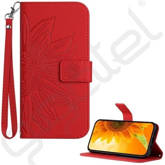 T Phone 3 5G GIGAPACK Tok álló, bőr hatású FLIP, napraforgó minta, PIROS