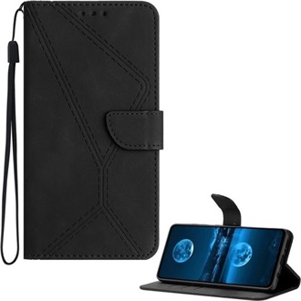T Phone 3 5G GIGAPACK Tok álló, bőr hatású FLIP, varrás minta + kézpánt, FEKETE