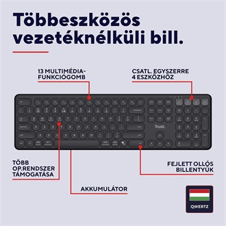 Trust Vaiya Bluetooth / vezeték nélküli magyar membrán billentyűzet fekete