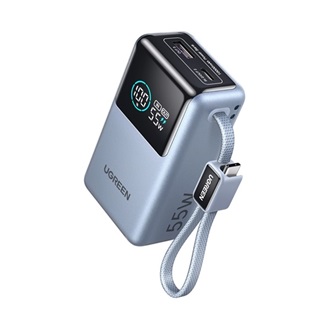 UGREEN PB727 vésztöltő USB+Type-C aljzat (10000mAh, 55W, gyorstöltő, LED kijelző + fix Type-C kábel) EZÜST