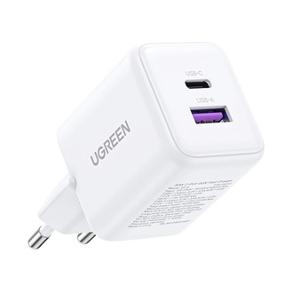 UGREEN X516 hálózati töltő USB+Type-C aljzat (30W, GaN, PD gyorstöltő) FEHÉR